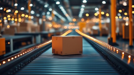 Poster - cardboard box on conveyor belt within modern warehouse setting, showcasing logistics and shipping pr