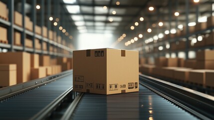 Poster - modern warehouse scene with cardboard box on conveyor belt surrounded by shelves of packages and war