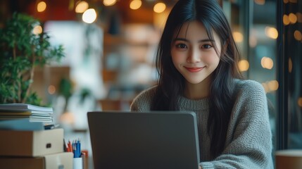 Young woman smiling at laptop in cozy cafe with warm lighting, surrounded by books and stationery, enjoying work or study time with a cheerful expression