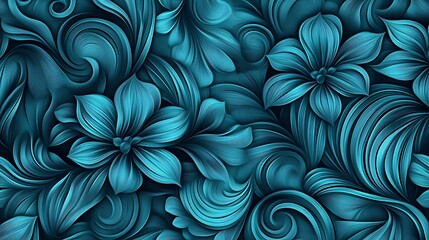 Canvas Print - Teal floral pattern, swirling design, dark background, 3D effect, abstract flowers.