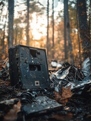 Poster - Black box recorder surrounded by scattered airplane wreckage in a forest after an accident at dusk. Generative AI