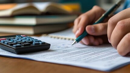 Aufkleber - Close-up of Hands Holding a Pen While Working on Financial Documents with a Calculator on a Wooden Desk Surrounded by Books and Notebooks