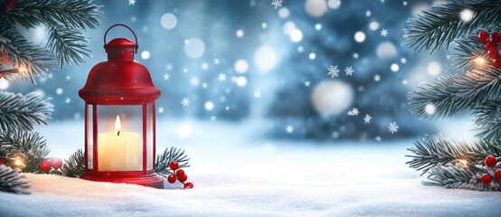 Wall Mural - glowing red lantern with a candle among snowy pine branches and red berries, with falling snowflakes