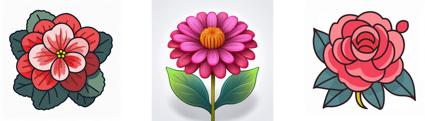 Wall Mural - three vibrant flower illustrations are showcased: a red bloom with green leaves, a pink daisy-style 