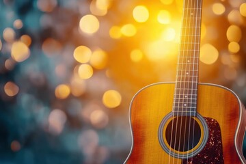 Wall Mural - Wooden acoustic guitar illuminated by soft bokeh lights in a warm evening setting. Generative AI