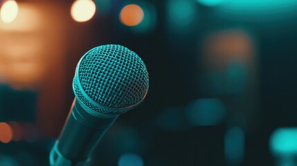 Poster - Close up view of microphone in a vibrant music venue during a live performance. Generative AI