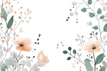 Wall Mural - Peach blossoms, greenery frame, white background, floral design, wedding invitation