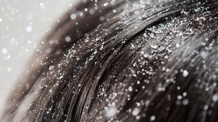 Fototapete - Close up view of dandruff flakes on dark hair strands with clear background for text space. Generative AI