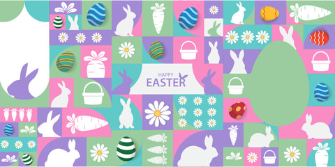 Naklejka na meble Easter Greeting card poster and banner template with Easter eggs in the nest on green, blue, yellow, white and pink background.Greetings and presents for Easter Day with copy space in flat styling