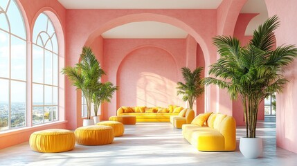 Poster - Vibrant Modern Living Room with Pink Walls and Yellow Furniture