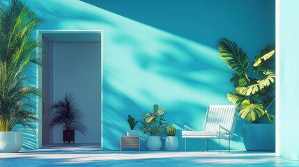 Canvas Print - Modern Turquoise Patio with Plants and Sunlight