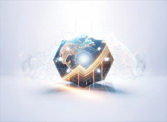 Poster - glowing tech cube with world map texture and bright light. abstract, futuristic, and digital concept