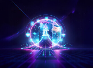 Poster - a glowing digital globe with a building icon at its core, encircled by vibrant neon lines, creates a