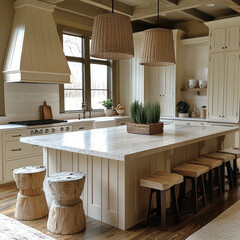 Wall Mural - Creamy Kitchen Island:A spacious and bright kitchen features a large central island with a creamy countertop, wooden stools, and stylish pendant lights, creating a warm and inviting atmosphere.