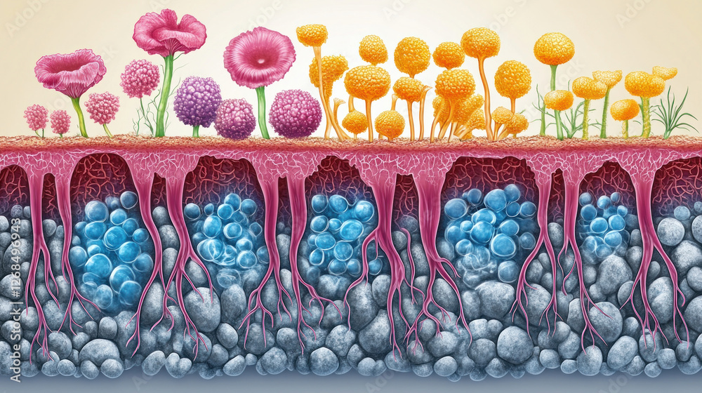 Plant root system diagram showing nutrient absorption and symbiotic ...