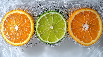 Wall Mural - Vibrant citrus slices playfully float in sparkling water creating a refreshing summer mood. AI Generated