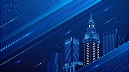 Poster - A blue background with a city skyline in the foreground