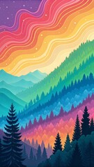 Poster - A colorful mountain range with trees and a rainbow in the sky