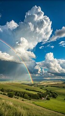 Poster - A rainbow is seen in the sky above a field