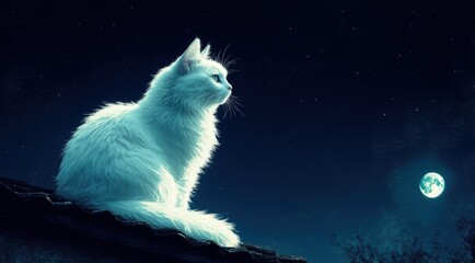  A serene white cat gazing at the moonlit sky.