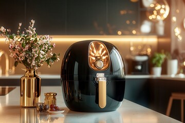 Wall Mural - Air fryer for clean cooking in the kitchen. Stylish air fryer on a kitchen counter with flowers.