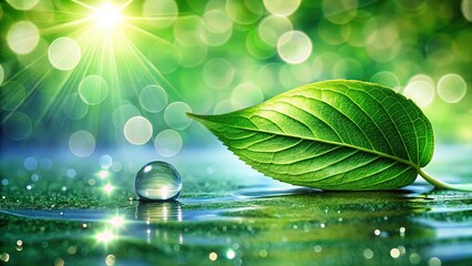 Canvas Print - Fresh Green Leaf with Water Droplets - Nature Stock Photo - Copy Space