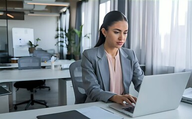 young professional it specialist latin hispanic business lady working on laptop pc sitting at desk i