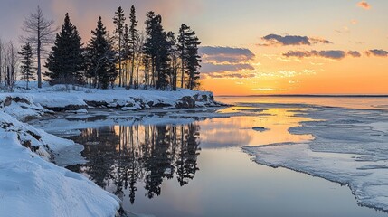  Winter Sunset Over Frozen Lake With Silhouetted Trees