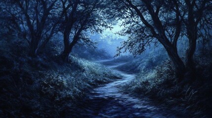  Moonlit path winding through a dark, mysterious forest.