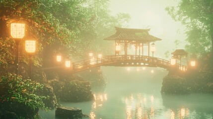 Wall Mural - Serene Japanese Dreamscape with Bridge and Lanterns in Fog