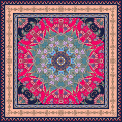 Wall Mural - Beautiful bandana print with floral mandala in decorative frame. Print for square scarf, carpet, napkin, pillowcase in ethnic style. Fashion accessory.