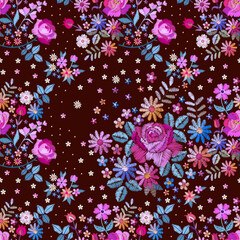 Wall Mural - Embroidery floral ornament. Beautiful seamless pattern with bouquets of garden flowers in embroidered style. Print for fabric.