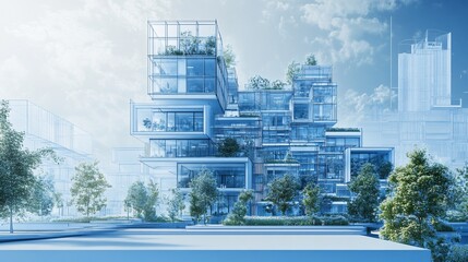 Poster - architectural rendering of a modern building complex with abundant greenery and cloudy blue sky back