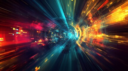 Poster - Abstract tunnel of light with red, blue and yellow colors forming a futuristic design