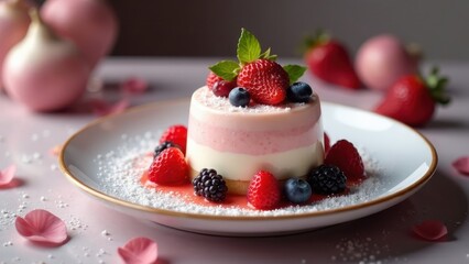 Wall Mural - Layered Berry Panna Cotta Dessert on Elegant Plate with Powdered Sugar Garnish