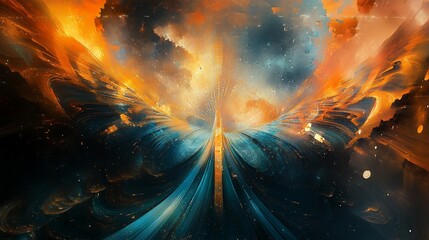 Poster - Abstract cosmic art with brilliant orange and blue hues evoking a sense of powerful energy