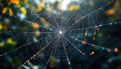 Spiderweb with Dew Drops Shimmers in Sunlight Creating Nature's Art
