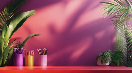 Sticker - A modern workspace with red office supplies, purple wall accents, and green plants on the desk