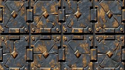 Poster - Textured metal surface with geometric pattern and weathered appearance, featuring cracks and rusty finish, ideal for industrial or sci fi designs