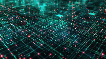 Poster - vibrant digital landscape featuring glowing lines and dots, representing network of connections and 