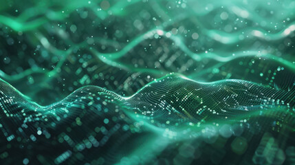 Aufkleber - abstract digital waves with glowing particles in green tones create mesmerizing visual effect, repre