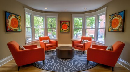 Sticker - Bright living room featuring seating arranged in a circle with a modern rug beneath