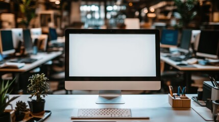 Aufkleber - Modern office workspace, computer screen mockup, blurred background, teamwork