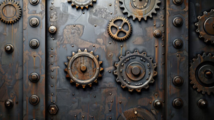 Rusty gears and cogs on weathered metal surface, showcasing industrial design and steampunk aesthetics. intricate details evoke sense of machinery and vintage craftsmanship