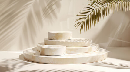Poster - Minimalist display with circular platforms and palm leaves casting shadows