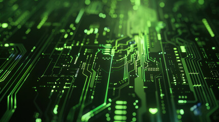 Aufkleber - close up view of green circuit board with intricate patterns and connections, showcasing technology and innovation. glowing lines create futuristic atmosphere