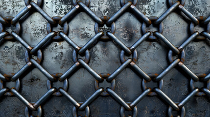 Poster - close up view of metallic chain link fence with textured background, showcasing intricate pattern and industrial feel. blue tones add depth and character to image