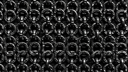 Poster - close up view of interconnected black metal rings, creating textured pattern that evokes sense of strength and durability. intricate design showcases beauty of industrial materials