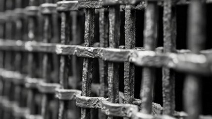 Poster - Metal grid pattern with textured surface, creating strong visual impact. close up shot emphasizes intricate details and shadows of structure