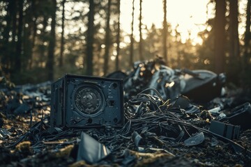 Poster - Black box recorder among wreckage in forest after airplane crash during late afternoon. Generative AI